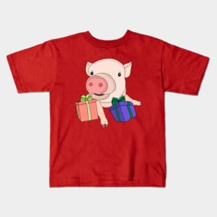 Pig Playing with Gift Boxes Kids T-Shirt